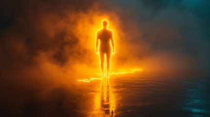 Obraz premium A luminous figure stands amidst a hazy, orange-tinged atmosphere.