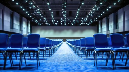 Obraz premium Large conference hall, rows of blue chairs, symmetrical perspective, dramatic lighting, ceiling spotlights, patterned blue carpet, empty auditorium, wide-angle view, corporate event space, geometric p
