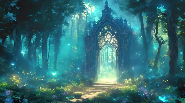 Glowing mystical gate in an enchanted fantasy forest with magical ambiance  
Seamless looping 4k time-lapse virtual video animation Generated AI