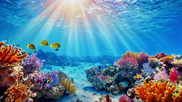 Vibrant underwater scene with colorful coral reef and fish, sun rays shining through the water.