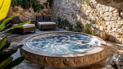 Fototapeta premium Outdoor stone hot tub with loungers and plants in courtyard.