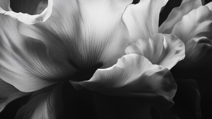 Close-up monochrome shot of delicate flower petals, showcasing texture and light.