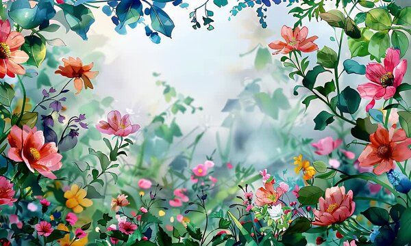 Vibrant watercolor floral border design with colorful flowers and leaves on a soft background.
