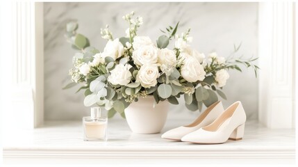 Elegant White Roses Arrangement with Classic Shoes and Fragrance Bottle on Marble Surface