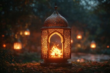 Obraz premium Ornate Lantern with Fire, Light, and Metal Design in a Tranquil Setting