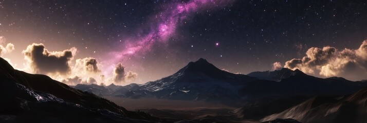 Naklejka premium Night sky, colorful aurora, mountain peak, starry cosmos, vibrant nebula, silhouetted landscape, dreamlike atmosphere, fantasy scenery, majestic nature, surreal celestial display, cosmic wonder, purpl