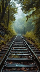 Fototapeta premium Train tracks disappear into a misty forest.