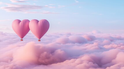 Obraz premium Two pink heart-shaped hot air balloons float over soft clouds in a pastel sky, symbolizing love and adventure.