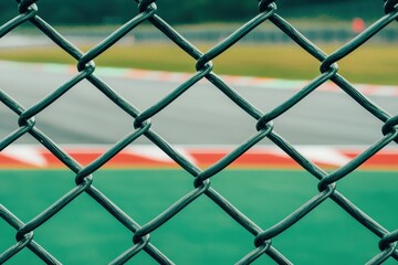 Fototapeta premium Abstract View of Chain Link Fence at Outdoor Race Track in Green