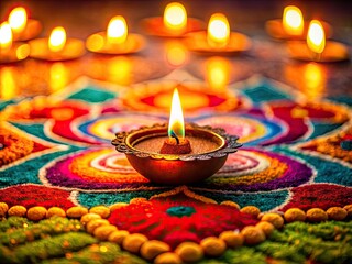 Stunning Diwali photo showcasing a radiant rangoli, glowing diya, and celebratory Indian decorations.