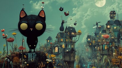 Whimsical Black Cat in a Magical Town at Night
