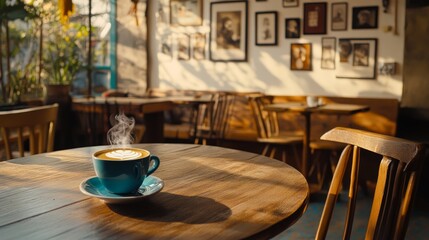 A steaming cup of coffee on a wooden table in a cozy café with a warm atmosphere.