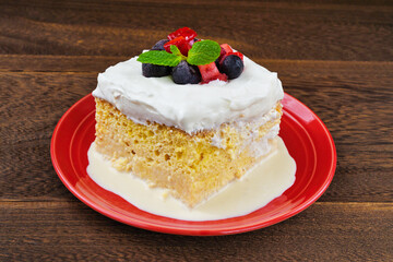 メキシコのスイーツ パステル・デ・トレス・レチェス(3種のミルクのケーキ) コピースペースあり Mexican sweets Pastel de Tres Leches( Mexican Tres Leches Cake,Tres Leches Cake,Three Milk Cake, 3 Milk Cake) with copy space