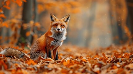 Cute Red Fox, Vulpes vulpes, in orange autumn forest leaves, AI generated image
