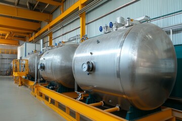 Naklejka premium Three large tanks are lined up in a factory
