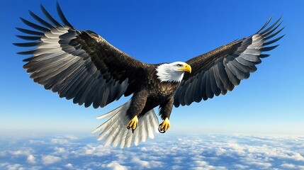 Obraz premium A majestic eagle soaring through a clear blue sky above fluffy clouds.