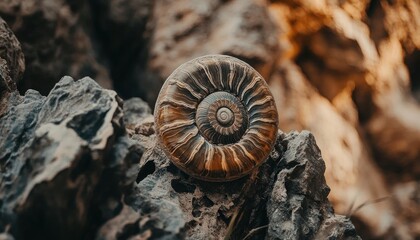 Ammonite fossil on rocks, desert background, paleontology
