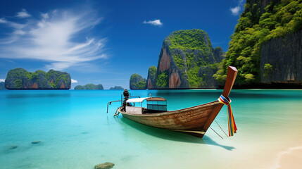 Fototapeta premium Tropical Island Paradise: Stunning Beach Scene with Boat