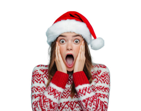 surprised woman in santa hat