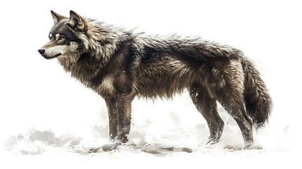 Obraz premium A majestic wolf standing in a snowy landscape, showcasing its strength and beauty.