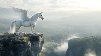 A majestic winged horse stands on a cliff, overlooking a serene landscape.