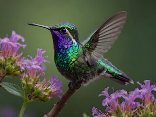 Obraz premium Shimmering Hummingbird Hovering Nearby: A shimmering hummingbird with iridescent green and purple feathers perched lightly on a flowering branch, its delicate wings folded in repose.