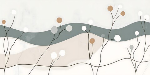 Abstract floral landscape, muted tones, wavy background, wall art.
