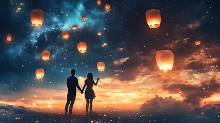 Fototapeta premium A young couple releasing lanterns into a starry sky filled with dreamy clouds of light