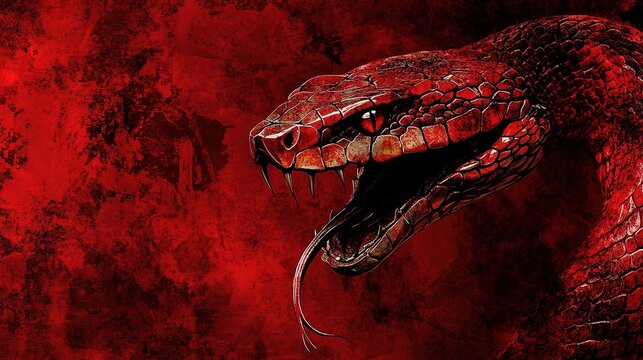 Red snake head, open mouth, sharp teeth and forked tongue out.