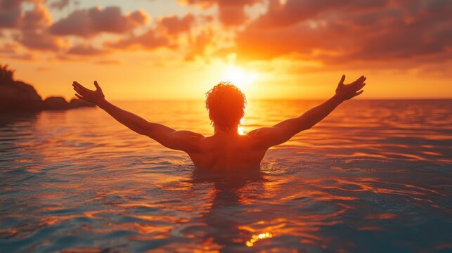 Man enjoys sunset ocean swim arms open wide.
