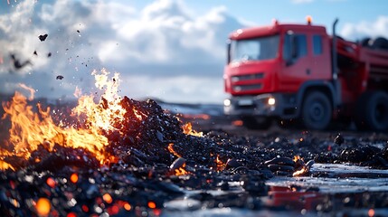 Burning debris with a truck in the background.