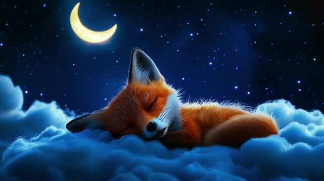 Seamless looping 4k time-lapse animation video background. Fox resting on fluffy clouds under crescent moonlight
