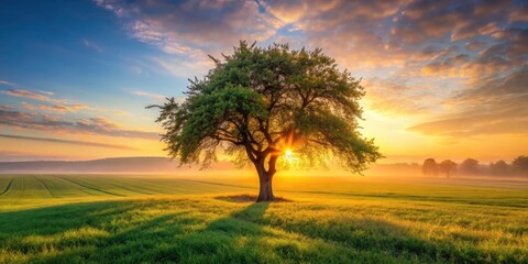 Fototapeta premium Sunrise bathes a lonely apple tree in golden light, a tranquil vertical field photograph.
