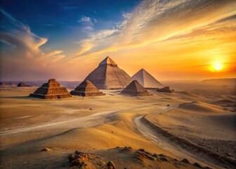 Sunrise silhouettes majestic pyramids against the stark, minimalist Egyptian desert.