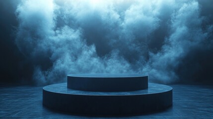 Dark blue platform mysterious smoky background.