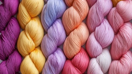 Colorful yarn strands arranged in rows.