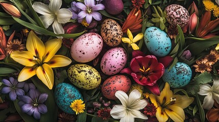 Obraz premium Colorful Easter eggs nestled amongst vibrant spring flowers.