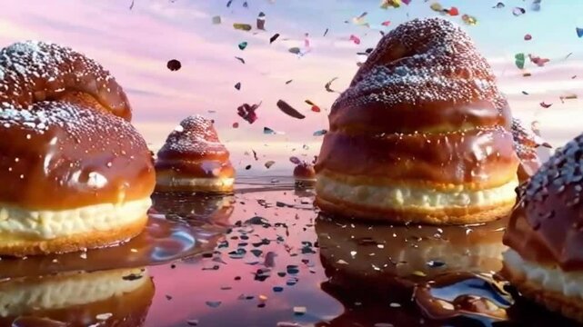 Confetti falls on Cronut mountains, with chocolate rivers, sprinkles, and a glossy textured pastel sky for a dreamlike warm world