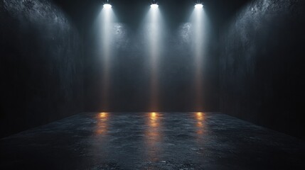 Fototapeta premium Dark room spotlights illuminate empty floor.