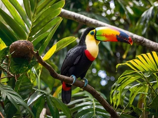 Fototapeten Colorful Toucan Among the Leaves: A colorful toucan with a large rainbow beak perched on a tropical tree branch, surrounded by dense green leaves in dappled sunlight. © Yuiziee