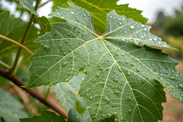 A close-up of a vine leaf with visible texture