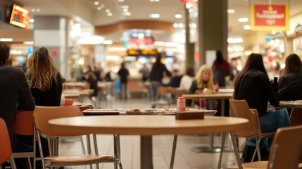 Busy food court with people eating and socializing.