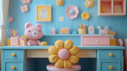 Cute pastel kids room desk with flower chair.