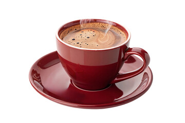 Obraz premium A close-up of a steaming espresso in a glossy red mug, with frothy crema and soft swirls on the surface, isolated on a transparent background