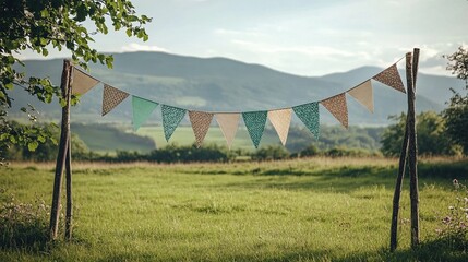 Rustic bunting flags strung between wooden posts in a green field with mountains in the background.