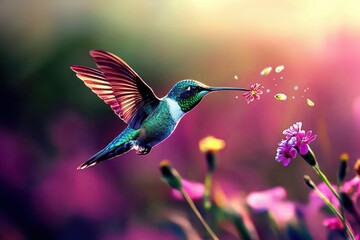 Fototapeta premium A vibrant portrayal of a hummingbird's flight toward a blooming flower.