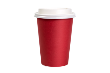 A vibrant red disposable coffee cup paired with a bright white lid, a bold statement for any drink, isolated on a transparent background