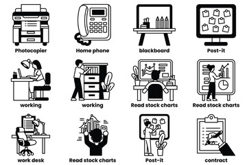 Set of illustrations in reporters concept in line drawing style