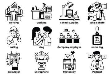 Set of illustrations in reporters concept in line drawing style