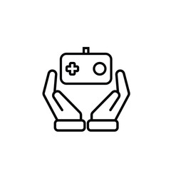 game icon. joystick in hand, controller, console. for rental logo, web icon, play station, line design style. Vector design